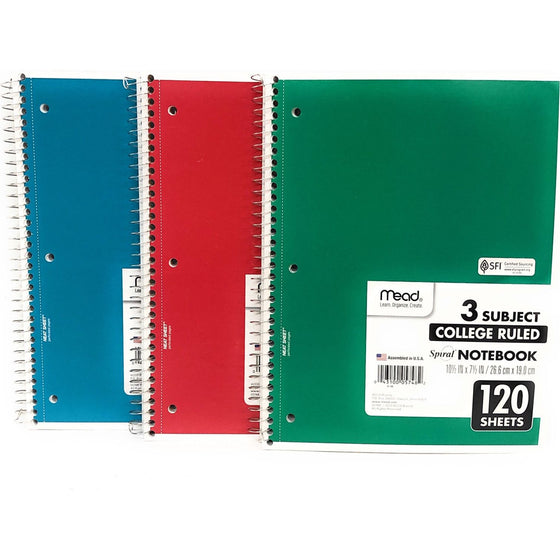 Mead 05748 College Ruled Spiral Notebook 3-Subject 120 Sheets 10 X 8 Assorted Colors, Color Selected For You