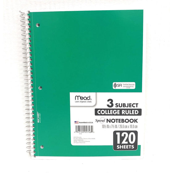 Mead 05748 College Ruled Spiral Notebook 3-Subject 120 Sheets 10 X 8 Assorted Colors, Color Selected For You