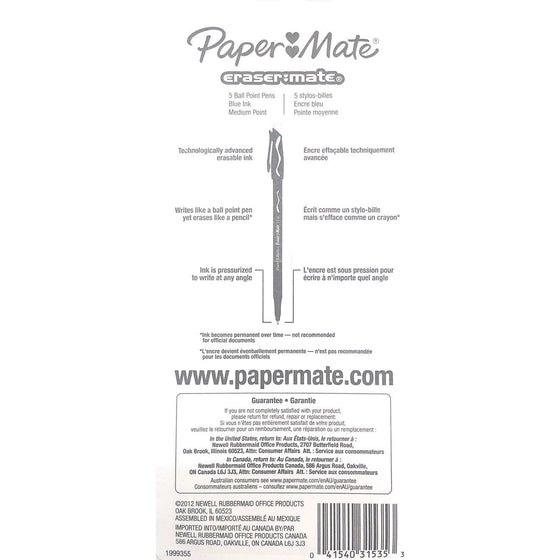 Paper Mate 3153558PP Eraser Mate Erasable Pens 1.0Mm, Blue, 5-Piece, 5-Count