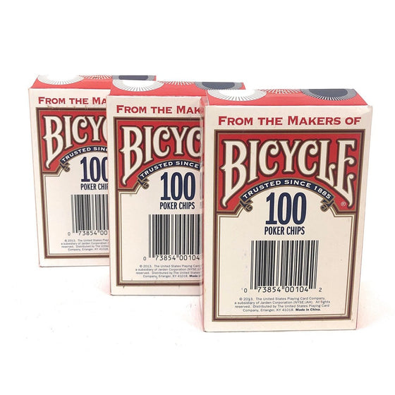 Bicycle 1006252 Casino Style Interlocking Easy Stack Poker Chips 100 Count, 3-Pack, Red, White And Blue