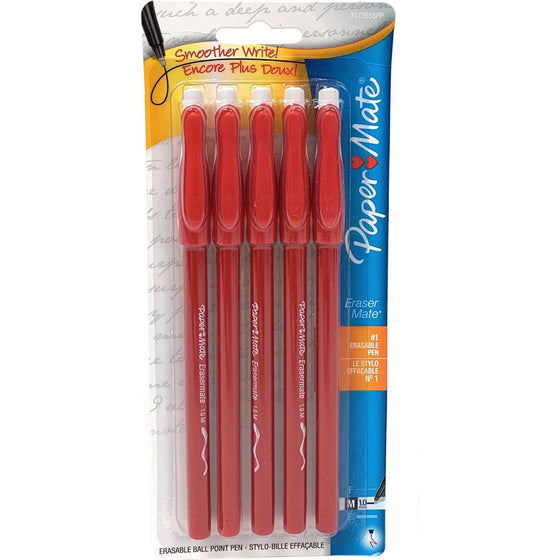 Paper Mate 3173558PP Eraser Mate Erasable Ball Point Pen 10Mm 5 Count, Red