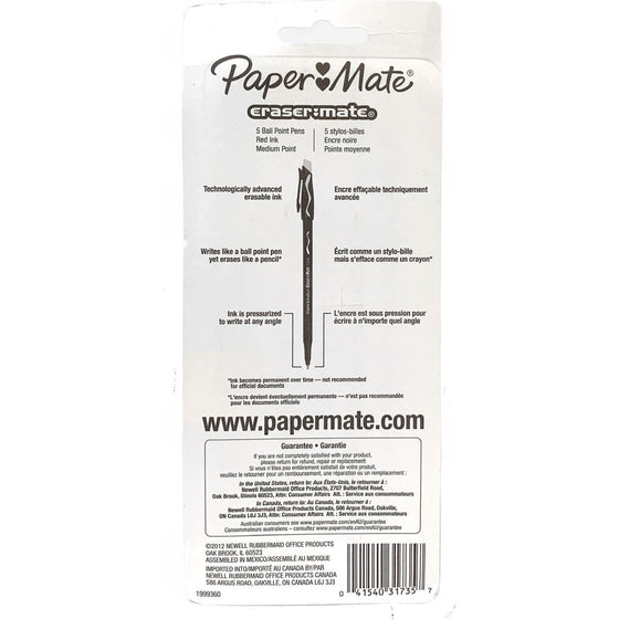 Paper Mate 3173558PP Eraser Mate Erasable Ball Point Pen 10Mm 5 Count, Red