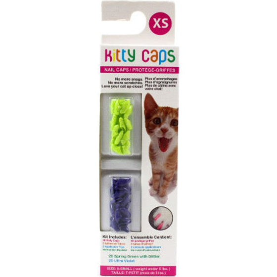 Kitty Caps FFP9304 Nail Caps For Cats | Safe & Stylish Alternative To Declawing | Stops Snags And Scratches, X-Small Under 5 Lbs , Spring Green With Glitter & Ultra Violet, Spring Green Glitter & Ultra Violet