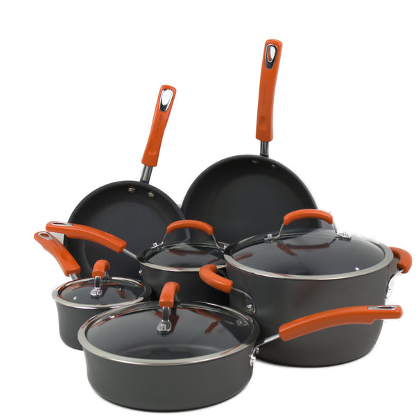 Rachael Ray 87375 Brights Hard-Anodized Nonstick Cookware Set, 10-Piece, Gray with Orange Handles