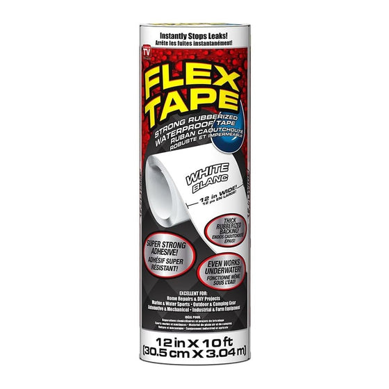 Flex Tape, 12 in x 10 ft, White, Original Thick Flexible Rubberized Waterproof Tape - Seal and Patch Leaks, Works Underwater, Indoor Outdoor Projects - Home RV Roof Plumbing and Pool Repairs