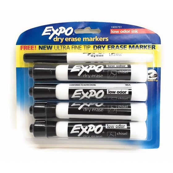 Expo 1905751 Black Dry Erase Low Odor Chisel Tip Markers 4 Ct Plus Free Ultra Fine Tip Marker