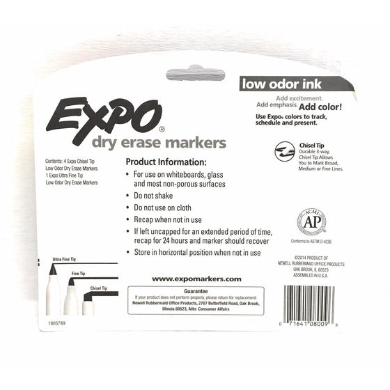 Expo 1905751 Black Dry Erase Low Odor Chisel Tip Markers 4 Ct Plus Free Ultra Fine Tip Marker