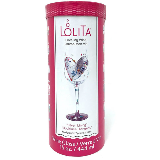 Enesco GLS11-5511V Lolita Love My Wine J'aime Mon Vin "Silver Lining" Hand Painted Wine Glass Gift, Multi-Colored