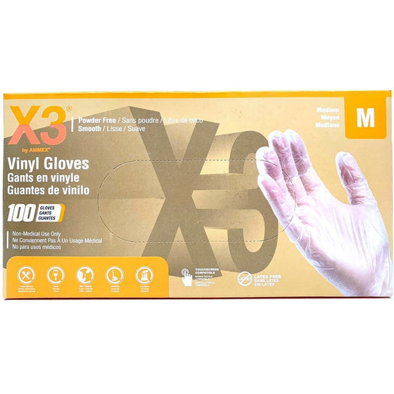 Ammex GPX344100 X3 Vinyl Powder Free Latex Free Gloves Medium, Clear