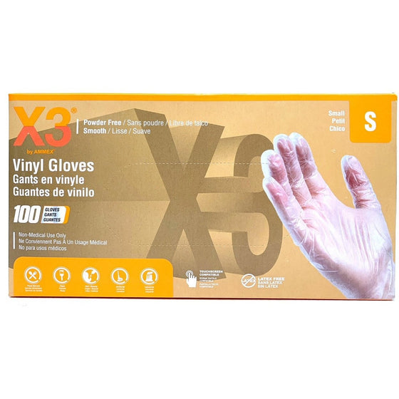 Ammex GPX342100 X3 Vinyl Powder Free Latex Free Gloves Small Box Of 100, Clear