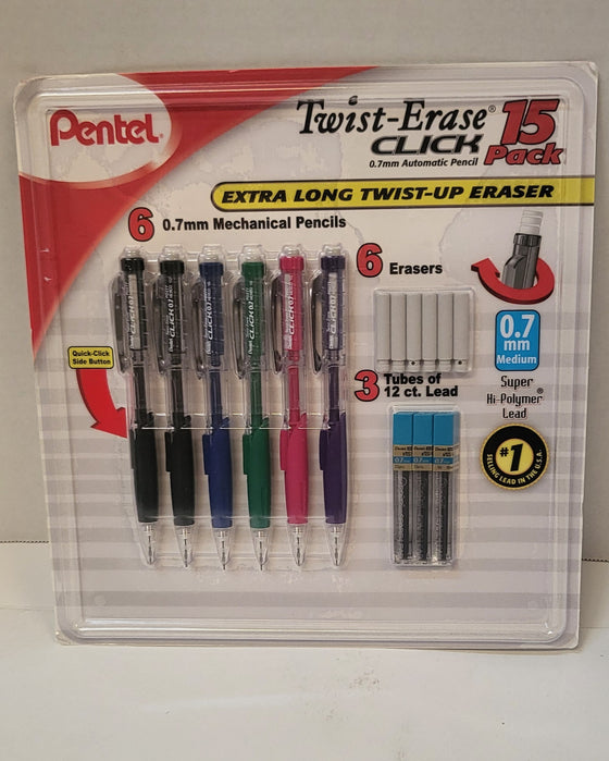 Pentel Twist-Erase Click Mechanical Pencil Set - 6 Mechanical Pencils, 6 Extra Erasers, 3 Tubes of Lead Refills