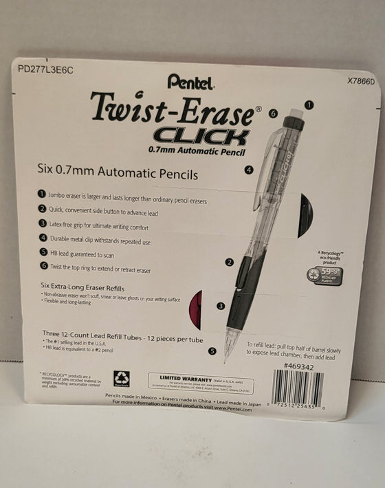 Pentel Twist-Erase Click Mechanical Pencil Set - 6 Mechanical Pencils, 6 Extra Erasers, 3 Tubes of Lead Refills