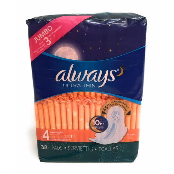 Always 266120 Ultra Thin Jumbo Overnight Pads With Wings 38 Piece