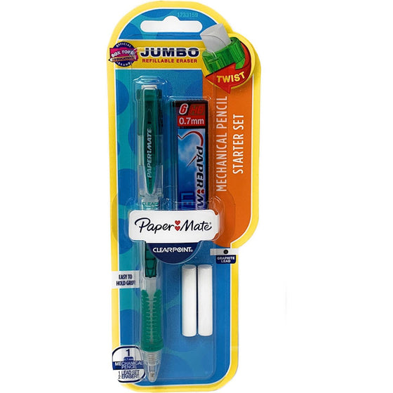 Paper Mate 1733159 Clearpoint Jumbo Refillable Eraser Mechanical Pencil Starter Set, Green Barrels