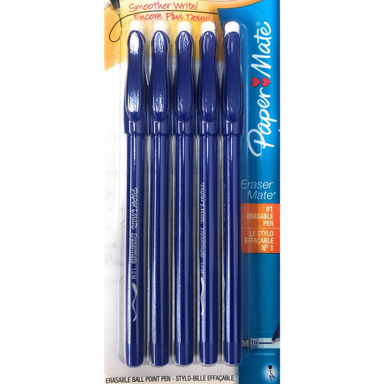 Paper Mate 3153558PP Eraser Mate Erasable Pens 1.0Mm, Blue, 5-Piece, 5-Count