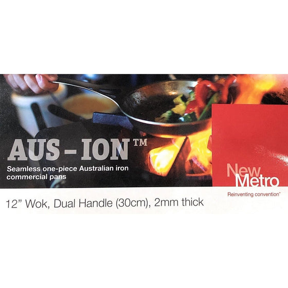 Aus-Ion AUS-WKDH Aus-Ion One-Piece Steel Commercial 12" Wok Pan With Dual Handles, Smooth Finish, 2Mm Thick,, Black