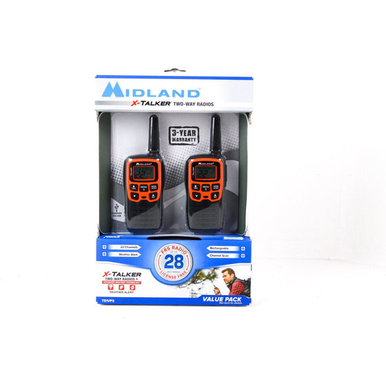 Midland T51VP3 - X-Talker , 22 Channel Frs Walkie Talkie - Up To 28 Mile Range Two-Way Radio, 38 Privacy Codes, Noaa Weather Alert  Pair Piece, Black/Orange