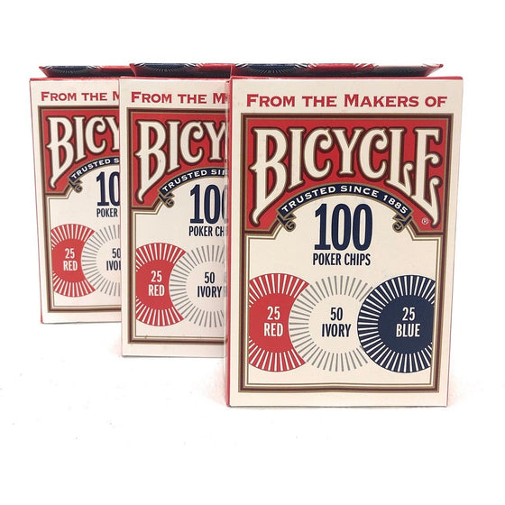 Bicycle 1006252 Casino Style Interlocking Easy Stack Poker Chips 100 Count 3 Pack, 3-Pack, Red, White And Blue