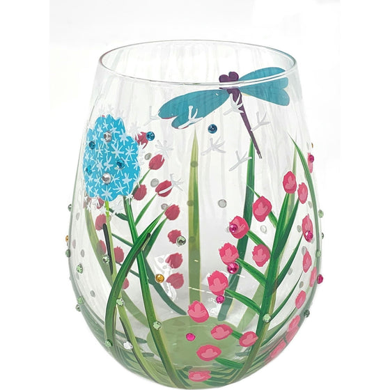Enesco 6000226 Lolita Love My Wine J'aime Mon Vin Dragonfly Hand Painted Stemless Wine Glass 20 Oz, Multi-Colored