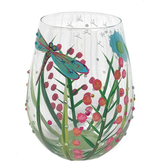 Enesco 6000226 Lolita Love My Wine J'aime Mon Vin Dragonfly Hand Painted Stemless Wine Glass 20 Oz, Multi-Colored