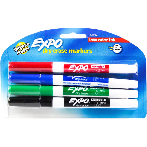 Expo 86674K Low-Odor Dry Erase Markers, Fine Point,  Colors, 4-Count, Assorted