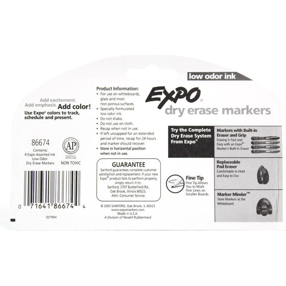 Expo 86674K Low-Odor Dry Erase Markers, Fine Point, Colors, 4-Count, Assorted