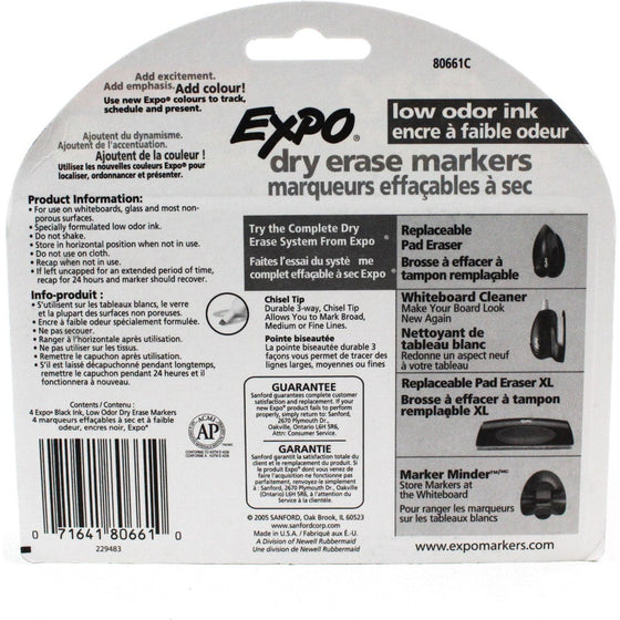 Expo 80661 Low-Odor Dry Erase Markers, Chisel Tip, , 4-Count, Black