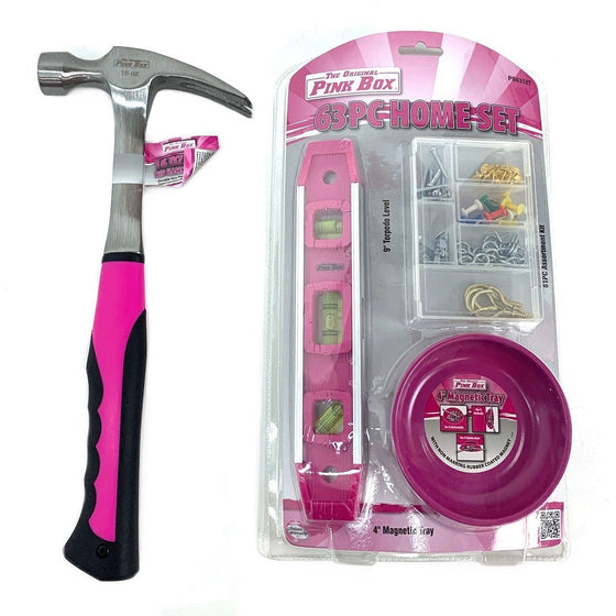 The Original Pink Box PB63SET_16SHM_BUNDLE 16-Ounce Steel Hammer With Smooth Face And 63 Pc Home Set, Bundle, Pink