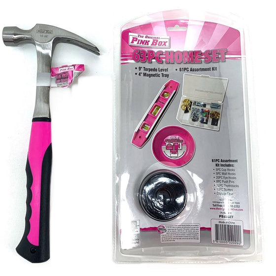 The Original Pink Box PB63SET_16SHM_BUNDLE 16-Ounce Steel Hammer With Smooth Face And 63 Pc Home Set, Bundle, Pink