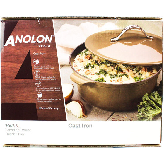 Anolon 46860 Vesta Cast Iron Dish/Casserole Pan/Dutch Oven With Lid, 7 Quart,, Umber