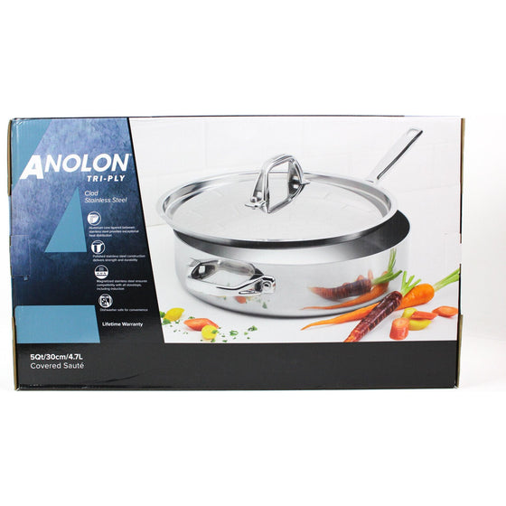 Anolon 30825 Triply Clad Stainless Steel Saute Pan / Frying Pan / Fry Pan With Lid And Helper Handle - 5 Quart,, Silver