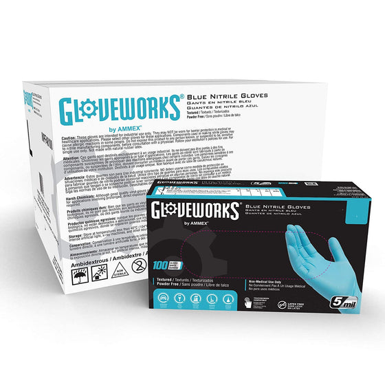 Gloveworks INPF42100 Industrial  Nitrile Gloves, 5 Mil, Size Small, Latex Free, Powder Free, Textured, Disposable,, 10-Pack, Blue