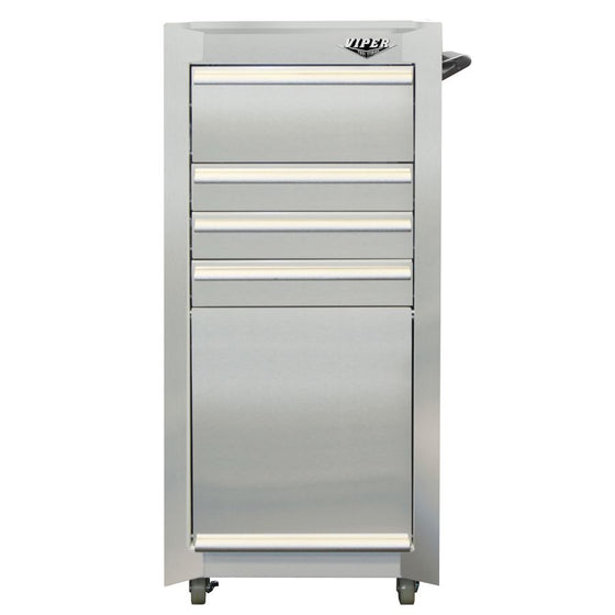 Viper Tool Storage V1804SSR 16-Inch 4-Drawer  Rolling Tool/Salon Cart, With Bulk Storage, Stainless Steel