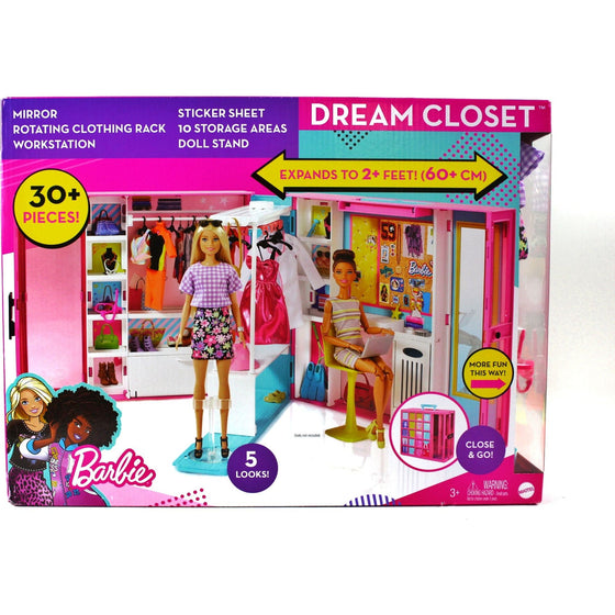 Barbie GBK10 Dream Closet With Blonde Doll & 25+ Pieces, Toy Closet Expands To 2+ Ft / 60+ Cm Wide & Features 10+ Storage Areas, Full-Length Mirror, Customizable Desk Space And Rotating Clothes Rack, Multi-Colored