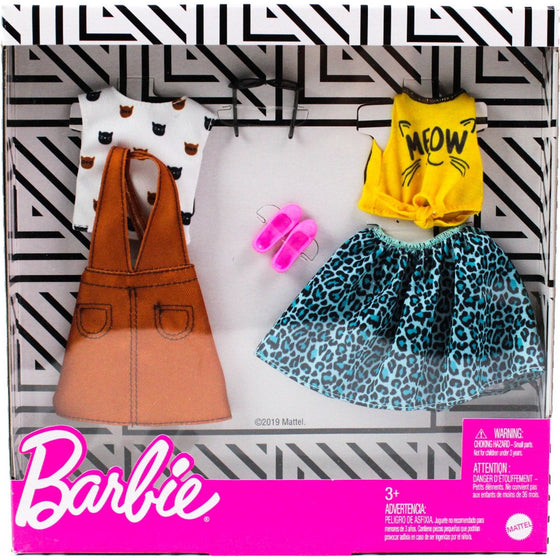 Barbie GHX66 Fashions 2-Piece Clothing Set, 2 Outfits Doll Include White Tee With Kitty Print, Yellow Meow Tie Shirt, Orange Jumper, Blue Animal-Print Skirt & 2 Accessories, Multi-Colored