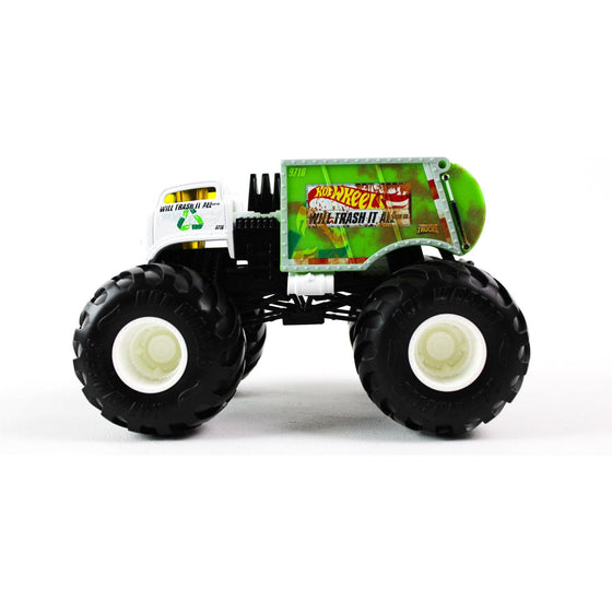 Hot Wheels GJG72 Monster Trucks Will Trash It All Die-Cast 1:24 Scale Vehicle With Giant Wheels For Kids Age 3 To 8 Years Old Great Gift Toy Trucks Large Scales, Multi-Colored
