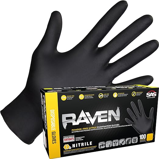 Sas 66519 Raven Powder-Free Exam Grade Nitrile -Xl, 100-Pack, Black