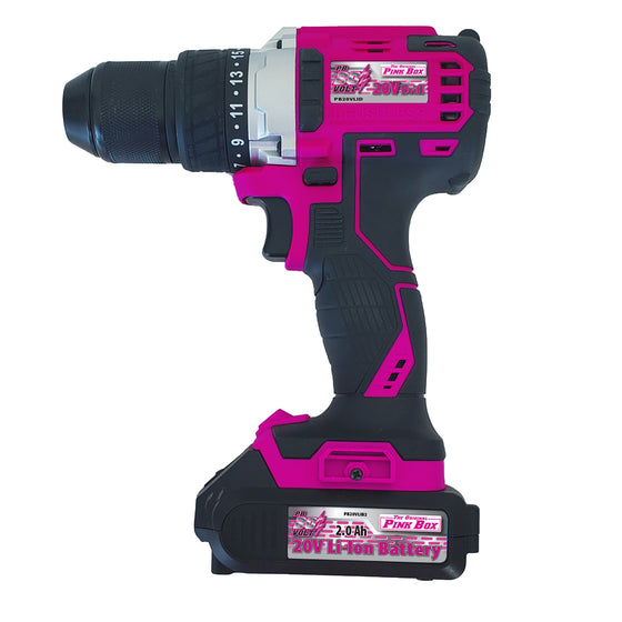The Original Pink Box PB20VLID_2AH_CHRGR 20-Volt Lithium-Ion Brushless 1/2-Inch Keyless Chuck Cordless Drill With Battery, Pink
