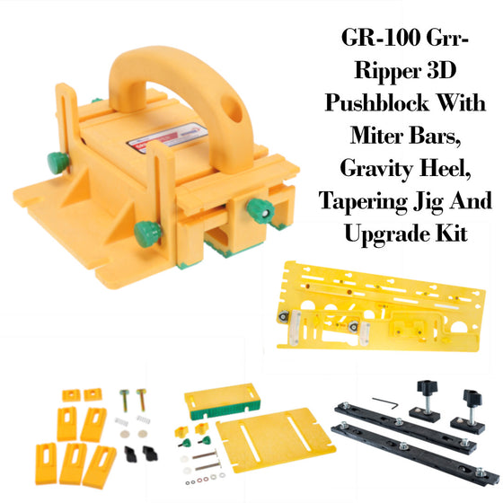 MICROJIG GR-100 Grr-Ripper 3D Pushblock With Miter Bars, Gravity Heel, Tapering Jig And Upgrade Kit, Yellow