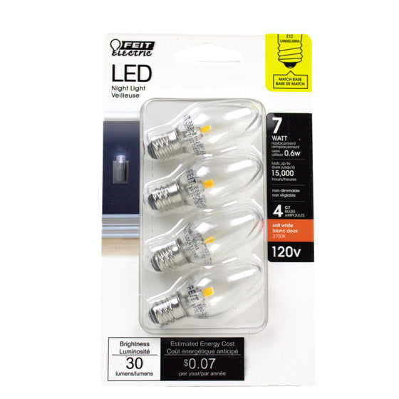 Feit Electric BP7C7/827/LED/4 Led Night Light Bulb, 7-Watt Equiv., Clear, C7 Shape, Candelabra Base, Non-Dimmable, 2700K (4-Pack), 2700K (Soft White)