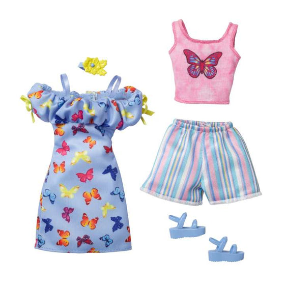 Barbie Fashions 2-Pack Clothing Set, 2 Outfits for Barbie Doll Includes Off-The-Shoulder Butterfly Print Dress, Butterfly Tank & Blue Shorts & 2 Accessories, Gift for Kids 3 to 8 Years Old
