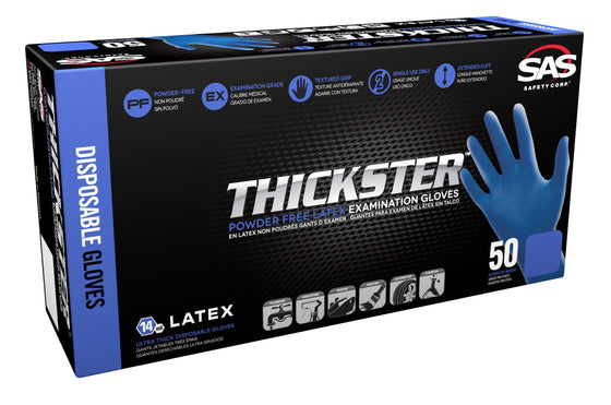 Thickster Powder-Free Exam Grade Latex Disposable Gloves. Size Extra Large. Blue, 14 Mil Thickness, 12" Length. Fully Textured for Superior Grip. Single Use. Pack of 50. (6605-20)
