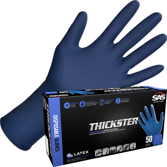Thickster Powder-Free Exam Grade Latex Disposable Gloves. Size Extra Large. Blue, 14 Mil Thickness, 12" Length. Fully Textured for Superior Grip. Single Use. Pack of 50. (6605-20)