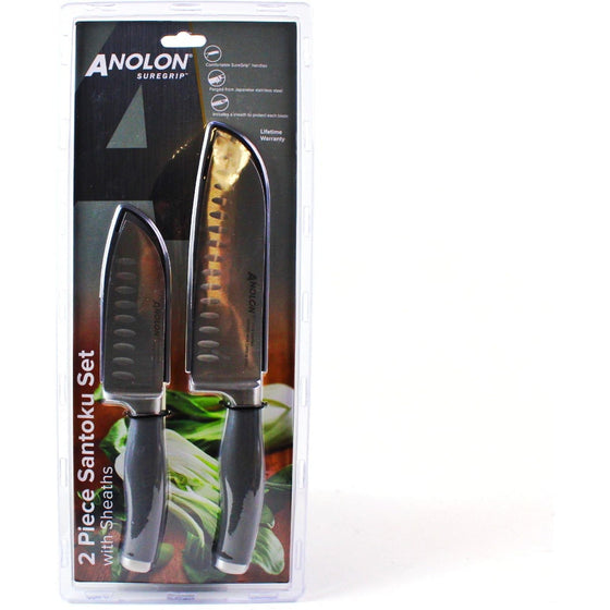 Anolon 51799 Suregrip Cutlery 2-Piece Japanese Stainless Steel Santoku Knife Set With Sheaths,, Gray
