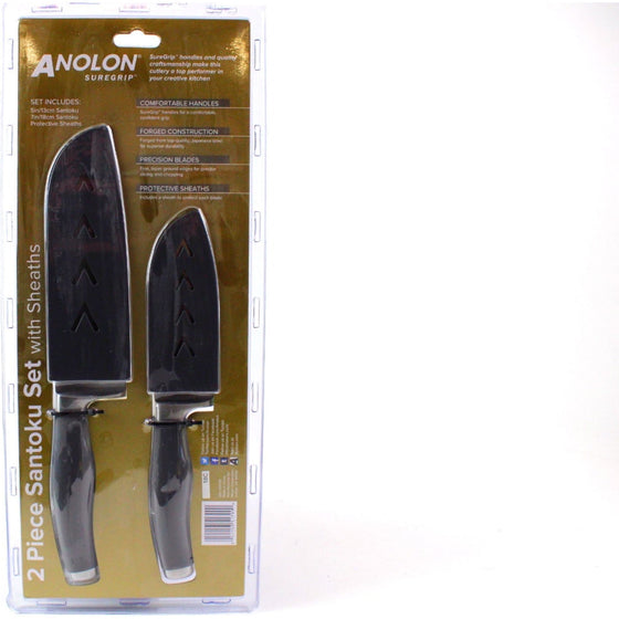 Anolon 51799 Suregrip Cutlery 2-Piece Japanese Stainless Steel Santoku Knife Set With Sheaths,, Gray
