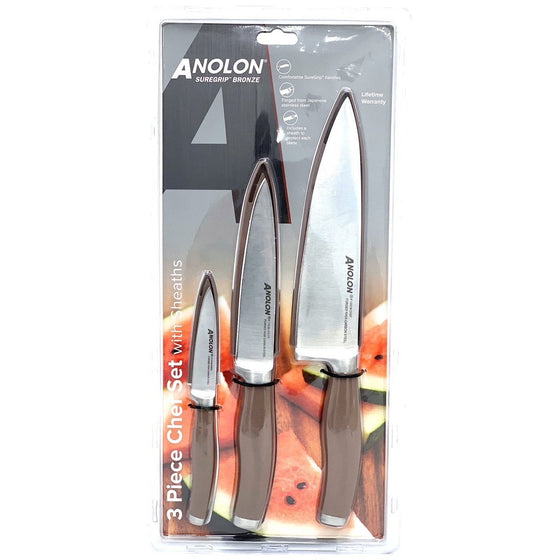 Anolon 46276 Suregrip Japanese Stainless Steel Knife Set/ Cutlery / Chef Knives Set With Sheaths- 8 Inch Chef Knife, 6 Inch Utility Knife, 3.5 Inch Paring Knife, Brown, Bronze