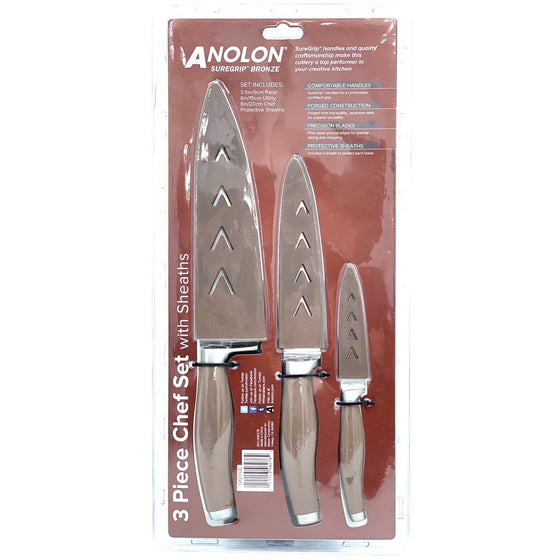 Anolon 46276 Suregrip Japanese Stainless Steel Knife Set/ Cutlery / Chef Knives Set With Sheaths- 8 Inch Chef Knife, 6 Inch Utility Knife, 3.5 Inch Paring Knife, Brown, Bronze