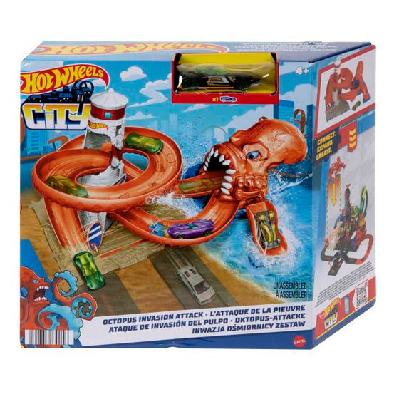 Hot Wheels Toy Car Track Set City Octopus Invasion Attack Playset, Octopus Launcher, 1:64 Scale Car