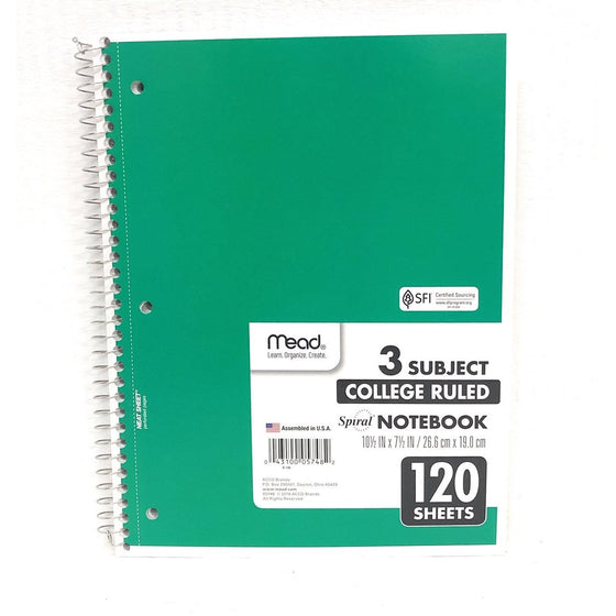 Mead 05748 College Ruled Spiral Notebook 3-Subject 120 Sheets 10 X 8 Assorted Colors