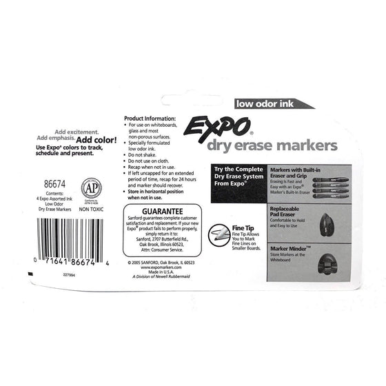 Expo 86674K Dry Erase Markers Low Odor Ink 4 Piece, 3-Pack, Assorted Colors